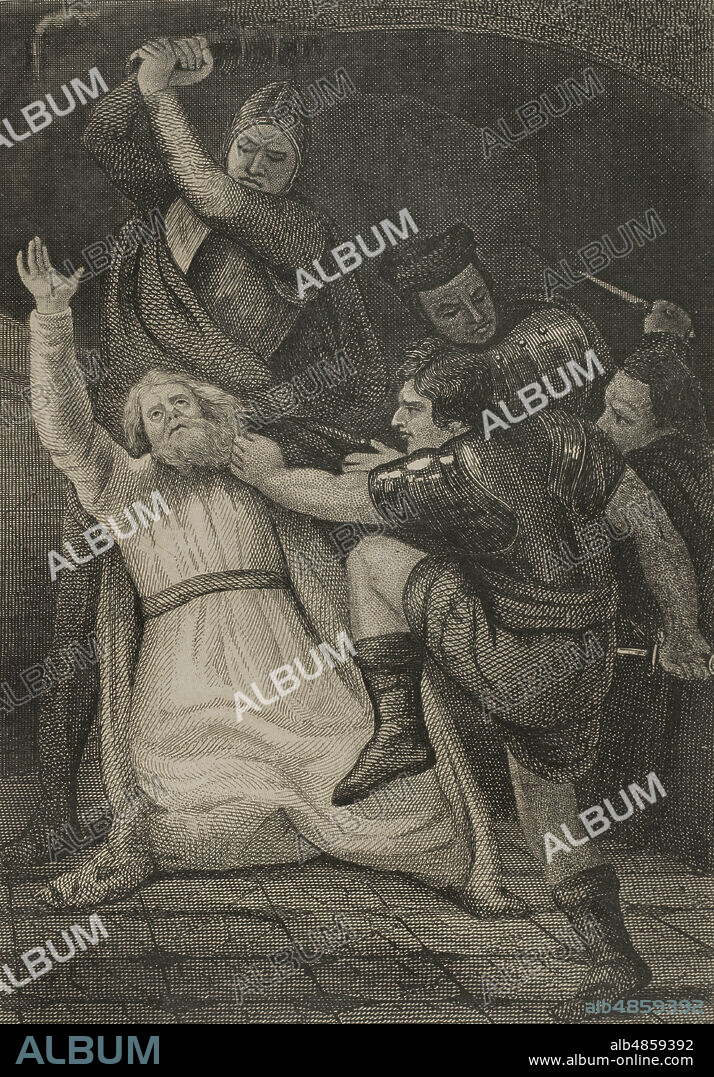 Tomás Becket (Thomas Becket) (1118-1170). Lord canciller (1155-1162) y arzobispo de Canterbury (1162-1170). Entró en conflicto con el rey Enrique II de Inglaterra (1133-1189), por los derechos y privilegios de la Iglesia. Fue asesinado por partidarios del rey el 29 de diciembre de 1170, en el atrio de la catedral de Canterbury. Becket fue rodeado y atacado por cuatro caballeros anglonormandos, William de Tracy, Reginald Fitzurse, Hugo de Moreville y Richard de Brito. Asesinato de Becket. Grabado, 1863.