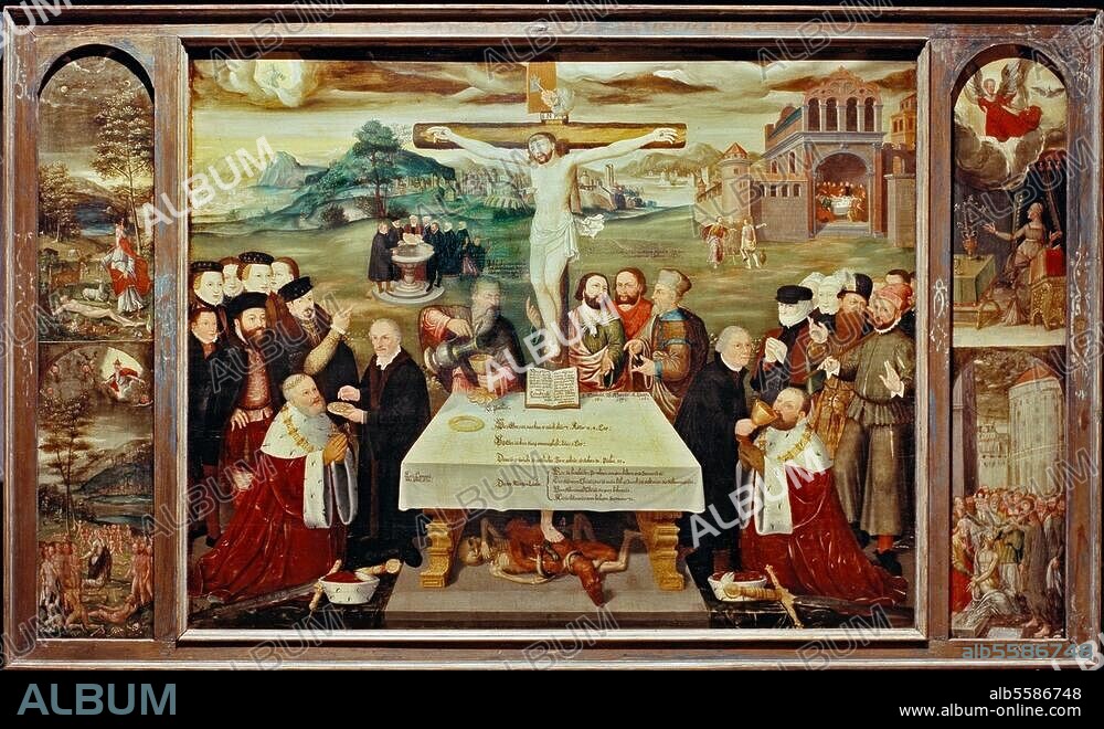 Naumburger Vertrag vom 24. Febr. 1554. (Zwischen Kurfürst August von Sachsen u. Johann Friedrich dem Großmütigen; Regelung des Territorialbestands von Kursachsen und den ernestischen Herzogtümern). "Allegorie auf den Naumburger Vertrag". Gemälde, 1561, Umkreis Lucas Cranachs d. J. Auf Holz, 122 x 150,5 cm. Schleswig, State Museum.