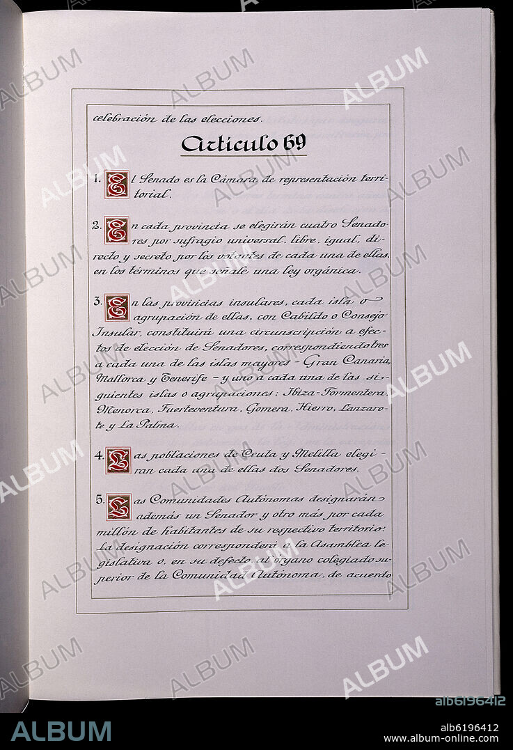 DEFINICION DEL SENADO EN EL ARTICULO 69 DE LA CONSTITUCION DE 1978 CALIGRAFIADA POR LUIS MORENO EN 1980.