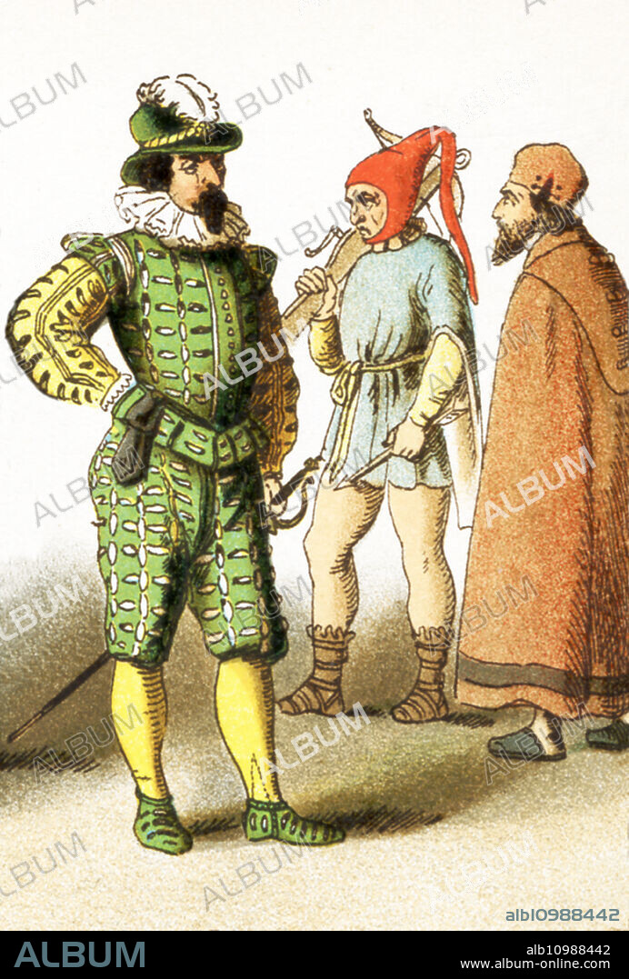The figures represent Spanish men from A.D. 1500-1600. They are from , left to right: soldier, Biscayan peasant, and costume of the common people. The illustration dates to 1882.