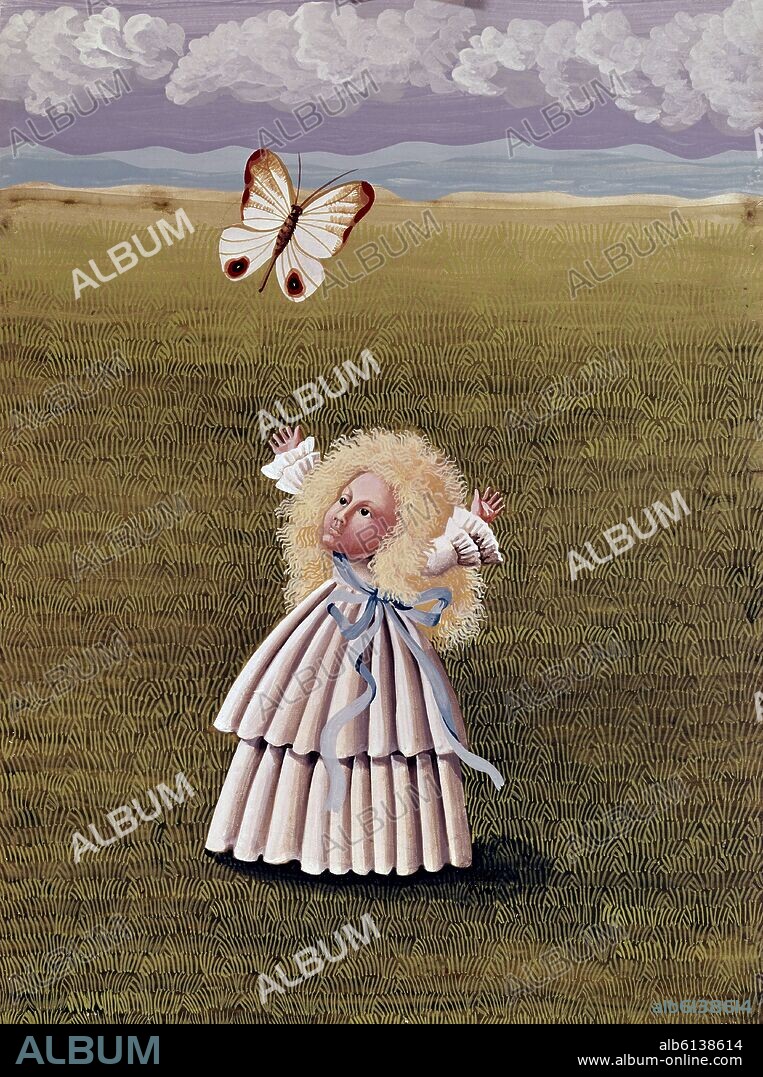 ISABEL VILLAR ORTIZ DE URBINA. PINTURA NAIF-NINA Y MARIPOSA.