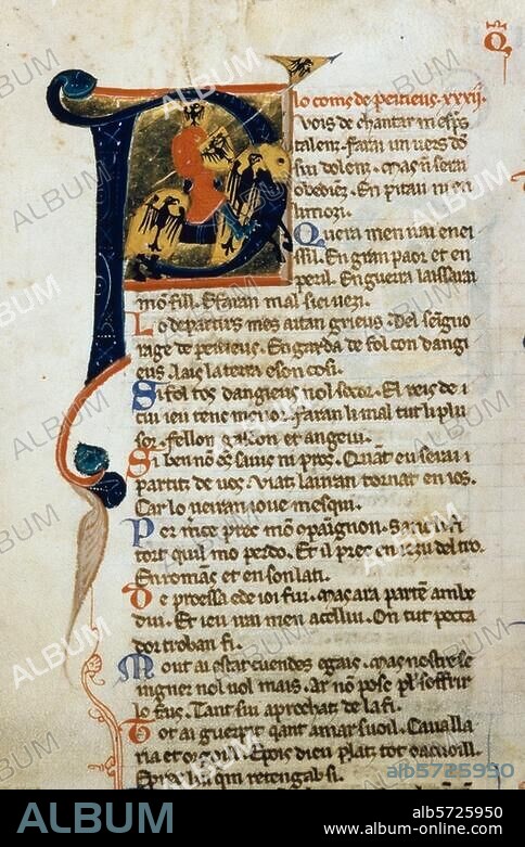 William IX, Duke of Aquitaine. Crusader (1101) and Troubadour; 1071-1127. Initial with equestrian portrait of William in armour. Illumination, French, 13th C. From: Recueil de poésies de troubadours contenant leur vie. Ms. français 854, fol. 142 verso, Paris, Bibliothèque Nationale.