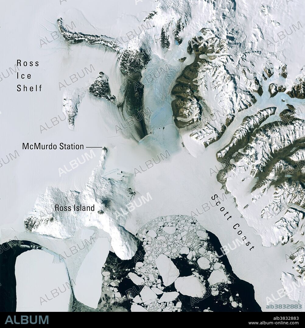 Satellite image acquired on December 27, 2001 by the Enhanced Thematic Mapper Plus (ETM+) sensor onboard Landsat 7, which displays a portion of the natural color mosaic over McMurdo Station, the largest research base in Antarctica. Ross Island is roughly 45 miles across at its widest point. This image is part of the Landsat Image Mosaic of Antarctica (LIMA). The project was developed by the U.S. Geological Survey, the British Antarctic Survey, and NASA, with funding from the National Science Foundation.