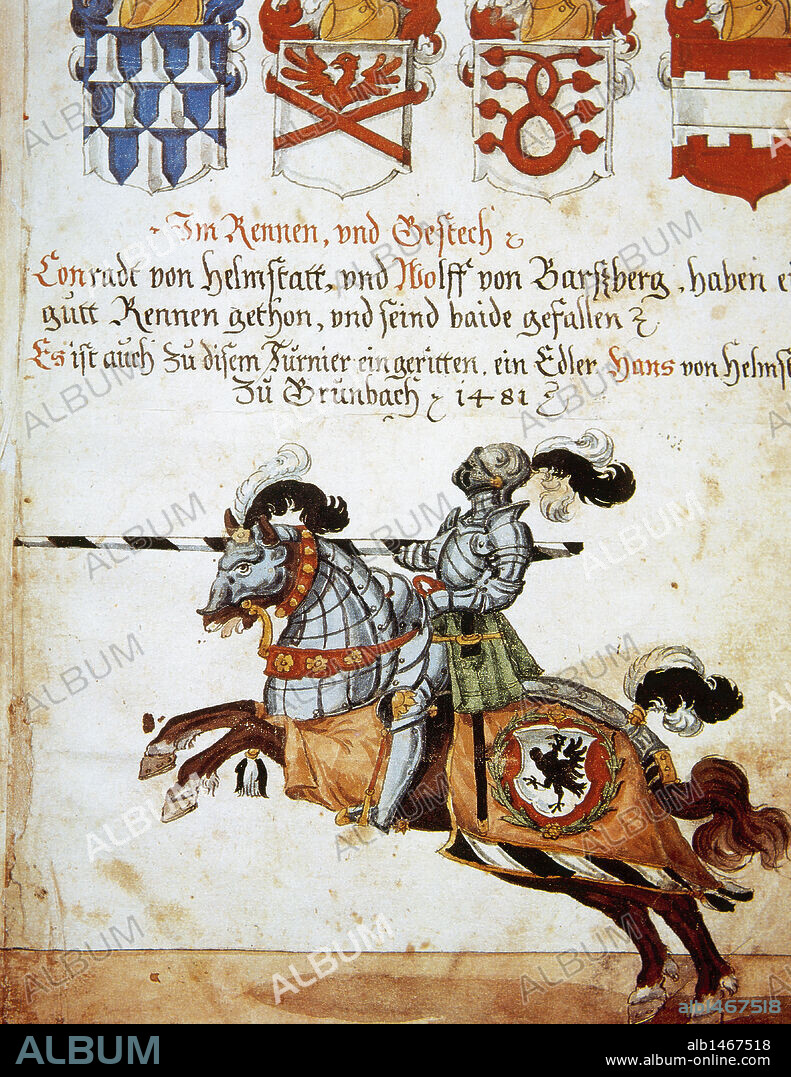 LIBRO DE LOS TORNEOS. Detalle de una miniatura del folio 40 v. En la parte superior, cuatro escudos de armas de las cuadrillas participantes. En la inferior, CABALLERO MONTADO A CABALLO Y ARMADO CON LANZA (s. XV). Biblioteca Apostólica Vaticana.