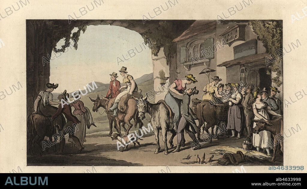 Men and women flirting at a donkey post-house, France, 18th century. Pleasures of a Poste aux anes. Handcoloured copperplate engraving after an illustration by Thomas Rowlandson from Journal of Sentimental Travels in the Southern Provinces of France, translated and abridged from Moritz August von Thummels Reise in die mittäglichen Provinzen van Frankreich im Jahre 17851786, Rudolph Ackermann, London, 1821.