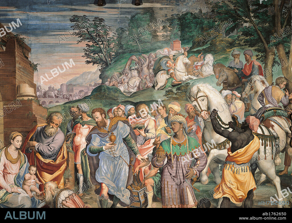 The Adoration of the Magi, by Simone Peterzano, 1578-1582, 16th Century,. Italy, Lombardy, Milan, Garegnano, Charterhouse. Detail. The Adoration of the Magi the Holy Family the Virgin Mary the Baby Child Jesus Christ St Joseph King Magi gifts presents oriental style headdresses headgears turbans luxurious lavish garments clothes dresses silk brocade embroideries jewelry jewels horses black African servant crowd men women trees hill green yellow blue white light blue azure pink.
