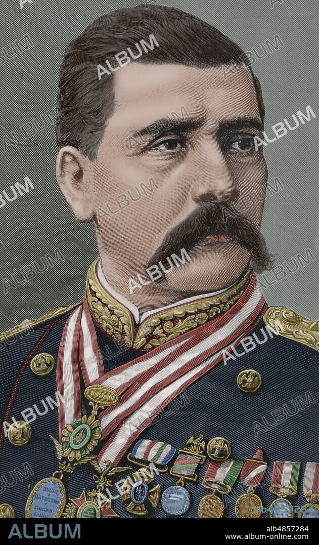 ARTURO CARRETERO (CA. 1852-1903). SPANISH ENGRAVER.. Porfirio Díaz (1830-1915). Mexican military and politician. President of Mexico on seven occasions, between 1877 and 1911. Portrait. Engraving by Arturo Carretero (1852-1903). Later colouration. La Ilustración Española y Americana (The Spanish and American Illustration), 1884.