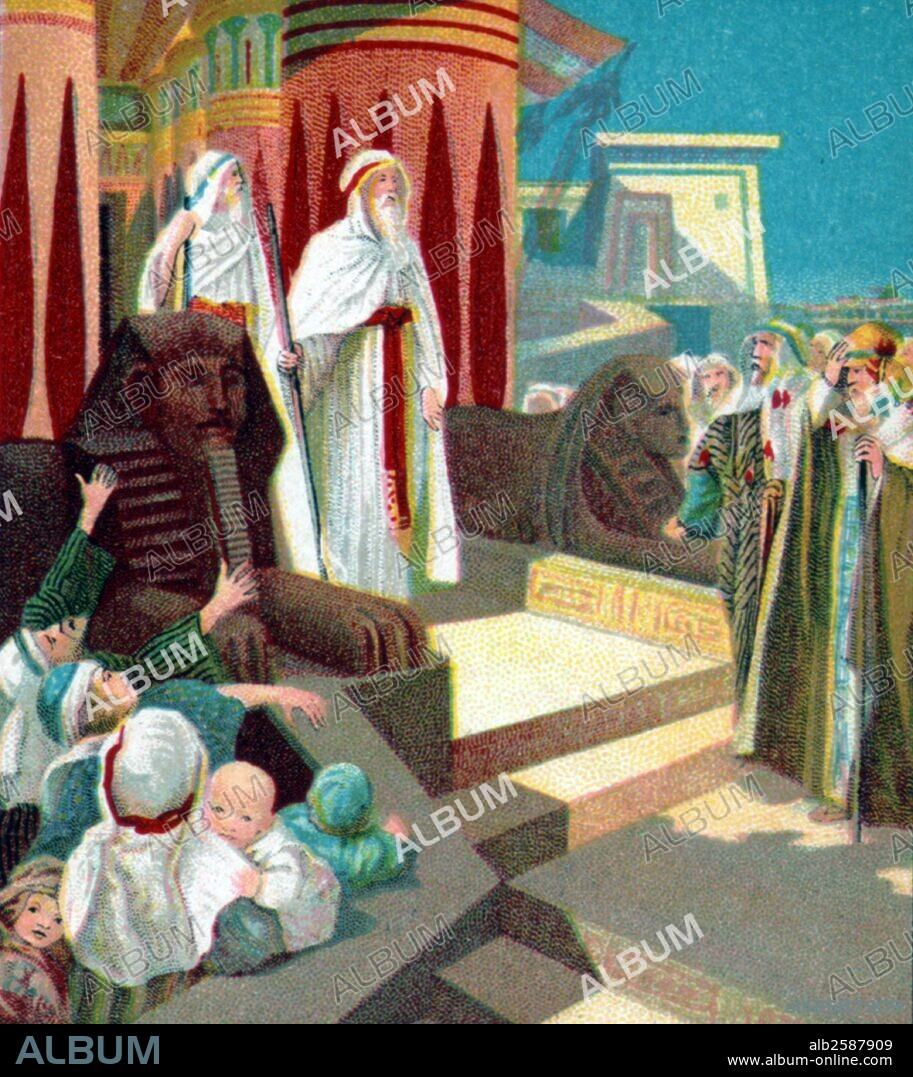 Picture lesson published by the American Baptist Publication Society, [between 1900 and 1913] show scene from Old Testament Biblical stories about Moses's life. Moses and Aaron before the court of the pharaoh.