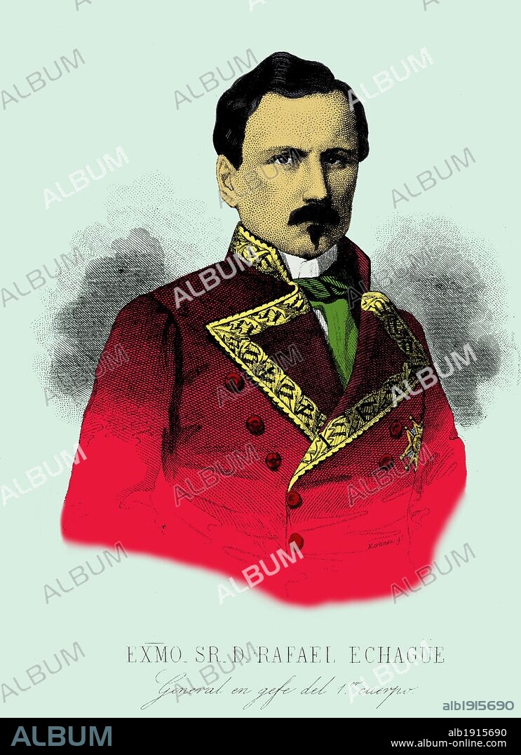 Personajes. General Rafael Echagüe y Bermingham (San Sebastián, 1815-Madrid, 1887), conde del Serrallo. General en jefe del primer cuerpo del ejército. Guerra de África. Participó en la primera guerra carlista defendiendo la reina Isabel II. Grabado de 1860.