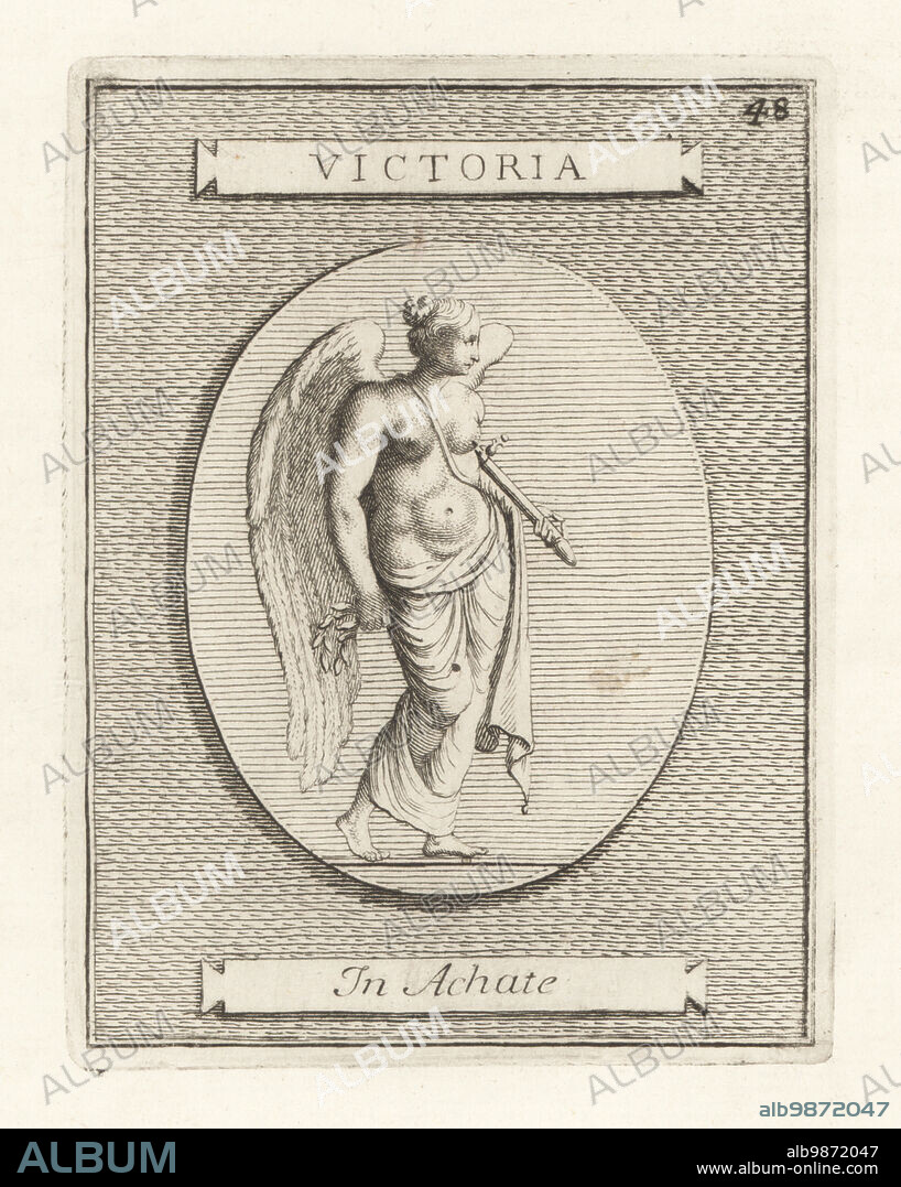 Winged figure of Victoria, Roman deity of victory. Wearing a gold cingulum girdle and holding a laurel crown. From an engraved agate gem. Victoria in Achate. Copperplate engraving from Francesco Valesio, Antonio Gori and Ridolfino Venutis Academia Etrusca, Museum Cortonense in quo Vetera Monumenta, (Etruscan Academy or Museum of Cortona), Faustus Amideus, Rome, 1750.