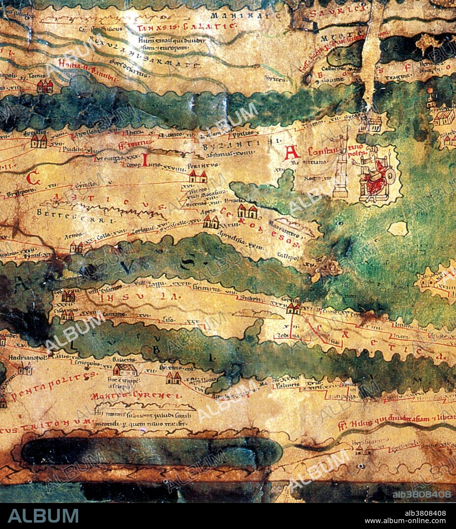 Detail of the Tabula Peutingeriana, an illustrated itinerarium (road map) showing the cursus publicus, the road network in the Roman Empire. The original map upon which it is based probably dates to the 4th or 5th century and was itself based on a map prepared by Agrippa during the reign of the emperor Augustus (27 BC - 14 AD) prepared under the direction of Marcus Vipsanius Agrippa, a friend of Augustus. After Agrippa's death, the map was engraved on marble and placed in the Porticus Vipsaniae, not far from the Ara Pacis. NOTE: with the distortion the course of the Nile is shown as parallel to the Mediterranean coast.
