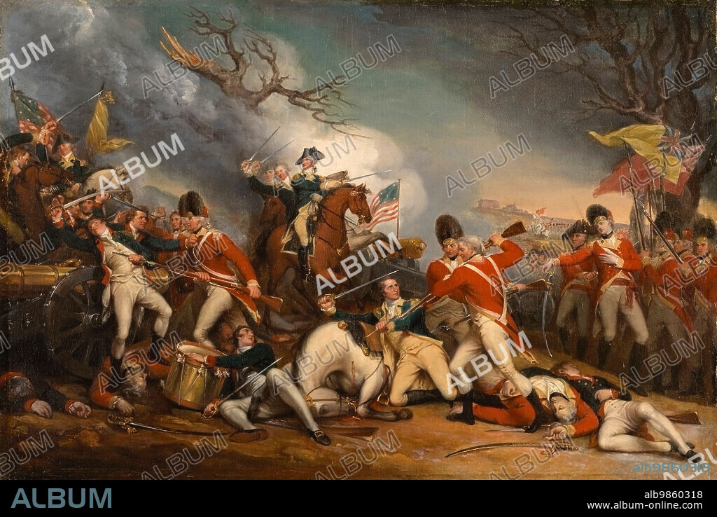 The death of General Mercer at the Battle of Princeton on 3 January 1777, during the American War of Independence, British and Hessian troops under Lieutenant Colonel Charles Mawhood were defeated at Princeton by American Continental Army troops under General George Washington after a surprise attack, Historical, digitally restored reproduction from an original of the period.