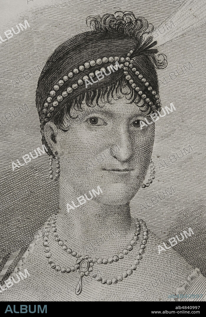 María Luisa de Parma (1751-1819). Reina consorte de España como esposa de Carlos IV. Ilustración por Miranda. Grabado por Martinez. Detalle. Historia del Levantamiento, Guerra y Revolución de España, por el Conde de Toreno. Madrid,1851.