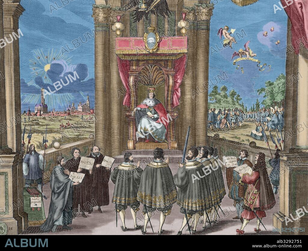 PAZ DE AUGSBURGO (25 de septiembre de 1555). Firmada por Carlos V (1500-1558) y las fuerzas de la Liga Esmalcalda, durante la Dieta de Augsburgo presidida por Fernando I (1503-1564). El acuerdo dividía el Imperio de Carlos V en dos religiones, protestante y católica. Biblia alemana del siglo XVII. Grabado. Coloreado.