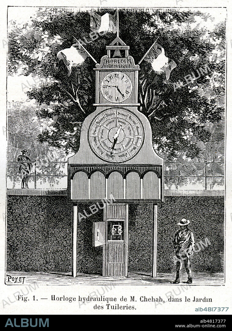 'Horloge hydraulique de M. Chehab dans le jardin des Tuileries'. Illustration par Poyet (1846-1913) tiree de la revue La Nature du 26 juillet 1884. Credit : Collection KHARBINE-TAPABOR.
