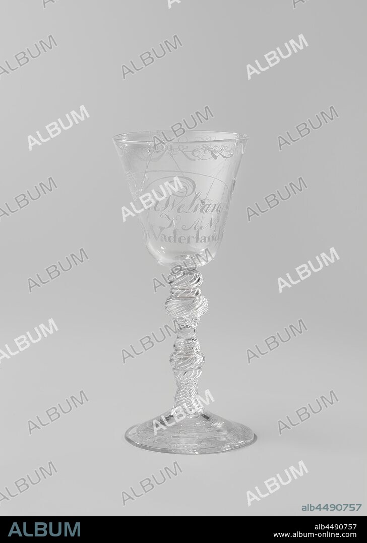Sling glass with the inscription: The prosperity of the Fatherland, Conical foot. Double railing stem with two knots and multiple slings. Funnel shaped chalice with rounded bottom. On the chalice: The prosperity of the Fatherland. Signed on the foot: H. Lokhorst script 1753. Along the mouth rim a band with volutes and rolling., anonymous, 1753, glass, glassblowing, h 18.8 cm d 8.3 cm.