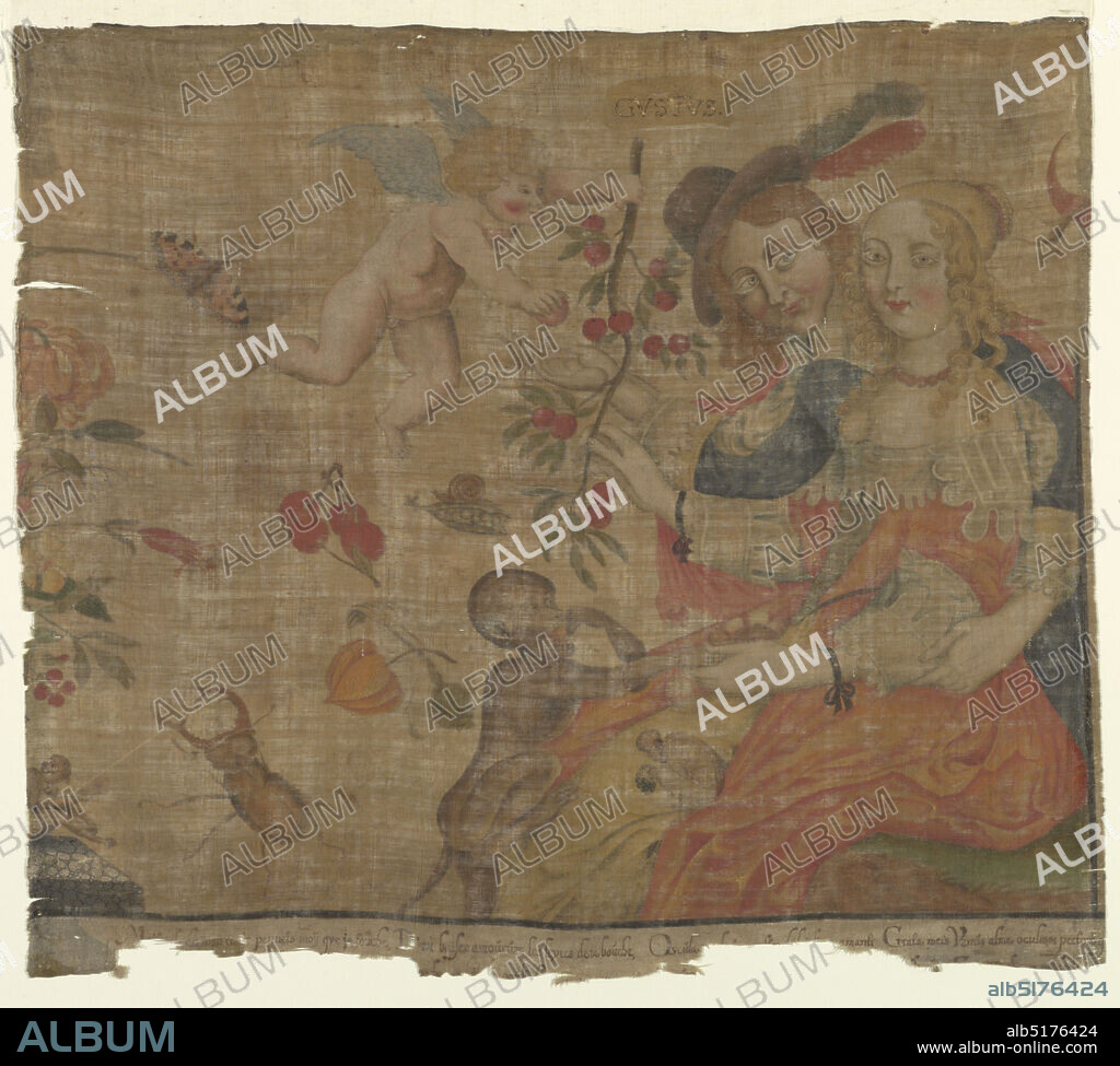 Sense of Taste, Brush and tempera on linen, Panel of natural colored linen plain cloth painted in polychrome tempera, showing one of the series of five senses. Figures of a man and woman seated at right, a winged putto offers them a branch of cherries. Above the branch, a banner inscribed 'GUSTUS.' Below, two monkeys eat fruit. A large beetle and butterfly at left; the edges of a flower arrangement visible at left margin. Very incomplete lines from poems of Scarron in French and Latin at bottom., France, mid- 17th century, figures, Drawing, Drawing.
