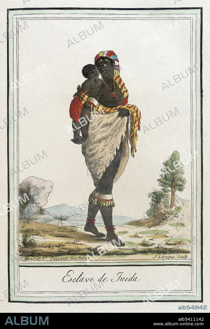 Esclave de Juida. Slave of Juida. Ouidah or Whydah, formerly the Kingdom of Whydah, is a city on the coast of the Republic of Benin. Whydah troops pushed their way into the African interior, capturing millions of people through tribal wars, and selling them to the Europeans and Arabs. By 1716, the Kingdom of Whydah had become the second largest slave port in the Triangular trade.  Costumes of Different Countries, hand-tinted engraving by Labrousse, published by Jacques Grasset de Saint-Sauveur, 1797.