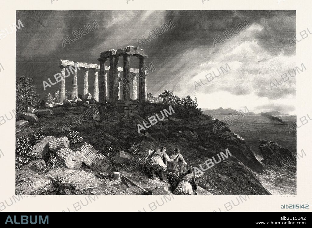 Temple of Minerva, Sunium, Greece, engraved, J. Saddler, Saddler, Simpson, William, 'Crimea', (1823-1899), 19th century engraving.