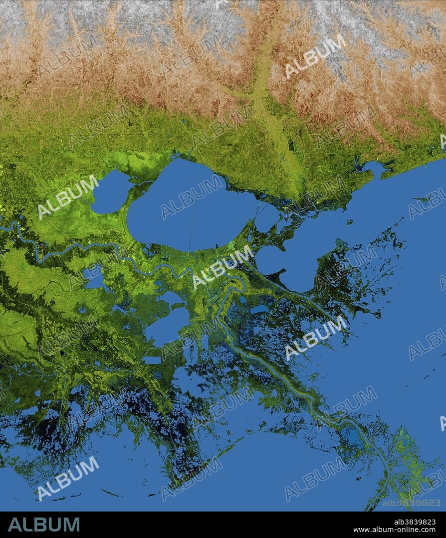 The geography of the New Orleans and Mississippi delta region is well shown in this radar image from the Shuttle Radar Topography Mission. In this image, bright areas show regions of high radar reflectivity, such as from urban areas, and elevations have been coded in color using height data also from the mission. Dark green colors indicate low elevations, rising through yellow and tan, to white at the highest elevations.....New Orleans is situated along the southern shore of Lake Pontchartrain, the large, roughly circular lake near the center of the image. The line spanning the lake is the Lake Pontchartrain Causeway, the world's longest over water highway bridge. Major portions of the city of New Orleans are below sea level, and although it is protected by levees and sea walls, flooding during storm surges associated with major hurricanes is a significant concern.....Data used in this image were acquired by the Shuttle Radar Topography Mission aboard the Space Shuttle Endeavour, launched on Feb. 11, 2000.