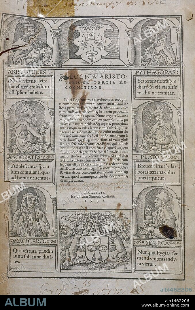 BOECIO (A. M. T. Severinus Boetius) (480-524). Filósofo ecléctico cristiano, compilador de la filosofía antigua y traductor de los tratados de Aristóteles. "LOGICORUM LIBRI ARISTOTELIS". Portada de la obra impresa en París en 1531.
