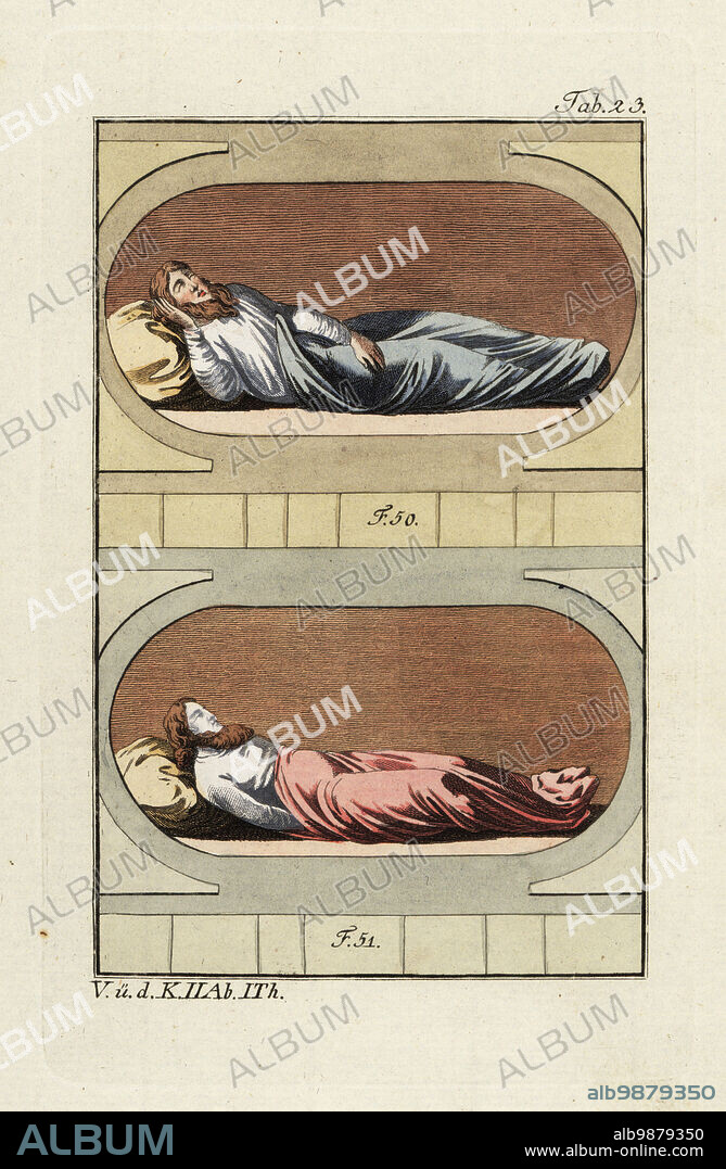 Anglo Saxon man in a shirt or nightshirt 50 and Anglo Saxon corpse in a shroud 51. At the moment, the shroud is closed, after placing a handkerchief or sudarium (usually white, but sometimes blue, red or pink) over the face. Handcolored copperplate engraving from Robert von Spalart's Historical Picture of the Costumes of the Principal People of Antiquity and Middle Ages, Vienna, 1796.