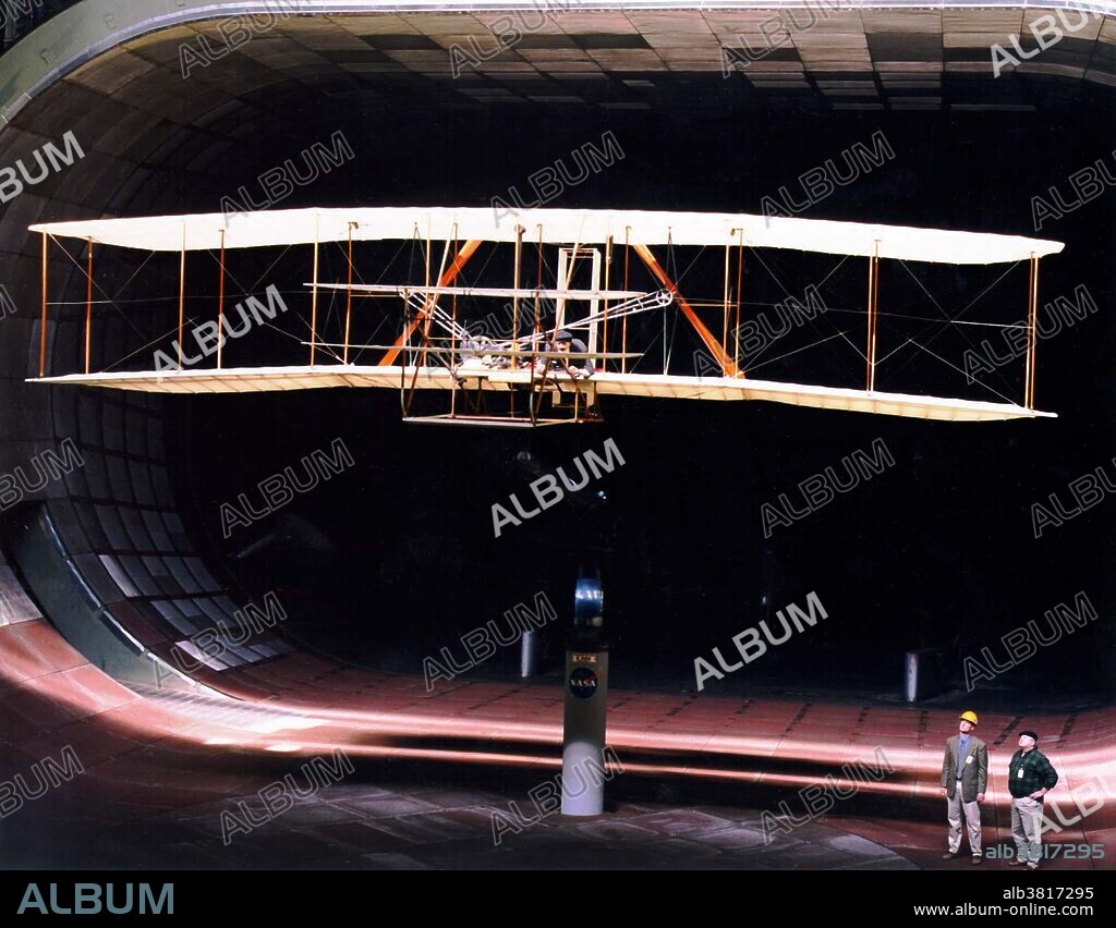 On December 17, 1903, the Wright Brothers made the first powered flight and, in March 1999, a full-scale replica of the 1903 Wright Flyer was mounted in NASA Ames Research Center's 40-foot by 80-foot wind tunnel for tests to build a historically accurate aerodynamic database of the Flyer. For two weeks, engineers studied the replica's stability, control and handling at speeds up to 27 knots (30 mph) in the wind tunnel. The Wright Flyer replica was constructed by a team of volunteers from the American Institute of Aeronautics and Astronautics using plans provided by the Smithsonian. The replica featured a 40-foot-4-inch wingspan reinforced with piano wire, cotton wing coverings, spruce propellers and a double rudder. Although it replicated the 1903 Wright Flyer in design, size, appearance and aerodynamics, some changes were made to make it stronger for mounting in the wind tunnel.