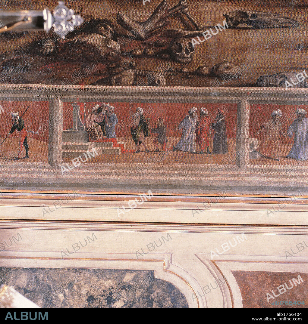 Scenes of the Martyrdom of St George (the saint is derided), by Vittore Carpaccio, 1516, 15th Century, oil on canvas,. Italy, Veneto, Venice, San Giorgio Maggiore Church, The conclave chapel. Detail. Panels martyrdom St George court throne sovereign monarch ruler king scorn mocking derision men Oriental fashion style clothes garments turbans figures.