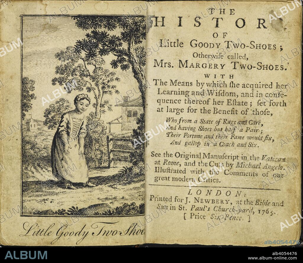 Illustration of little goody two shoes. The History of Little Goody Two-Shoes; otherwise called, Mrs. Margery Two-Shoes, etc. [With woodcuts and an engraved frontispiece.]. London : J. Newbery, 1765. Source: C.180.a.3, pages 18-19 (frontispiece and title page).
