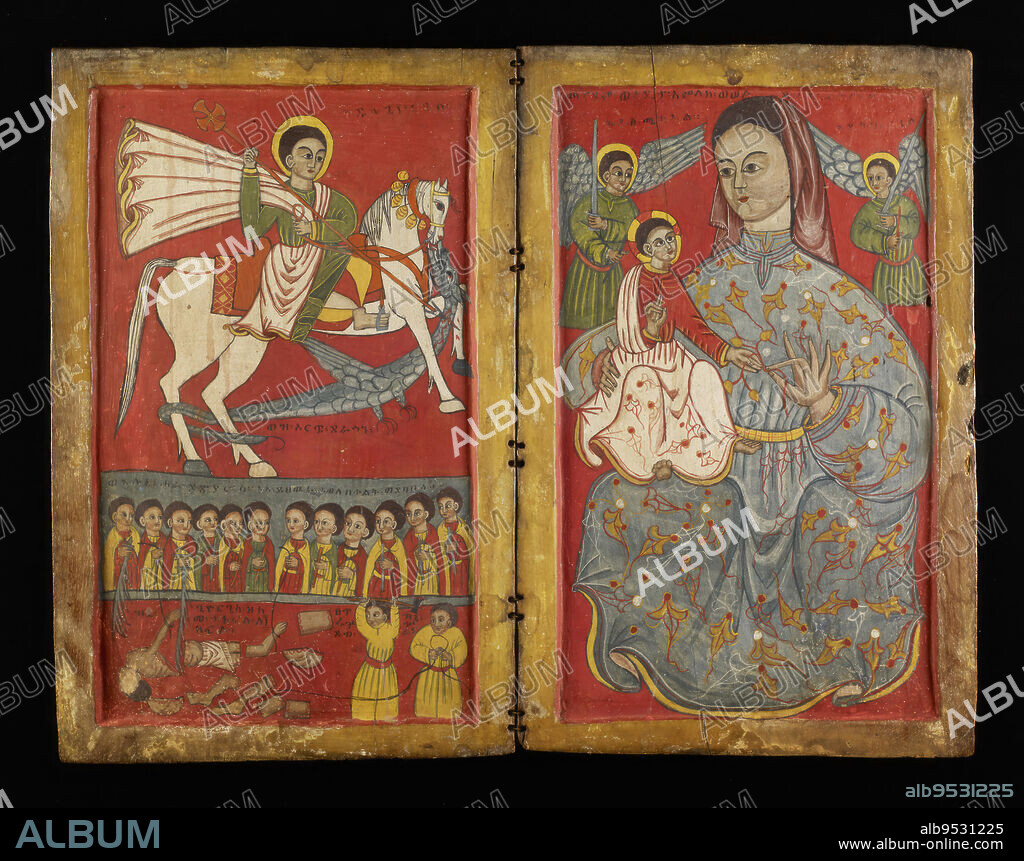 Diptych painting on wood of Madonna in a blue dress on a red background on one side, and St. George, disciple and a martyred saint in pieces on the other. Maker: Ethiopian Orthodox. Date: 15th-16th century. Wood, paint.