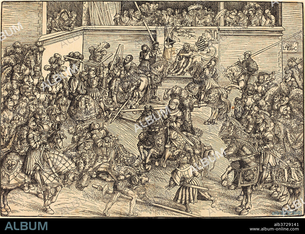 LUCAS CRANACH EL VIEJO. The Second Tournament with the Tapestry of Samson and the Lion. Dated: 1509. Medium: woodcut.