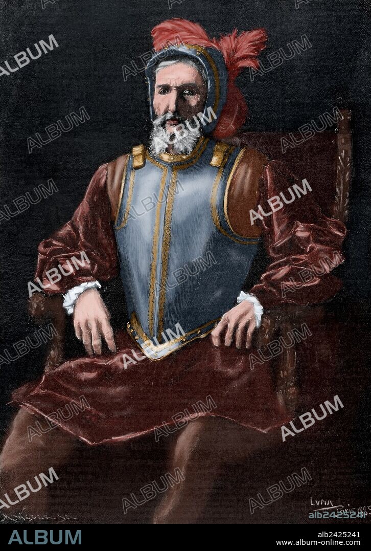 Miguel Lopez de Legazpi (1503-1572). Spanish admiral and governor. Engraving by Weber. The Artistic Illustration, 1886. Colored.
