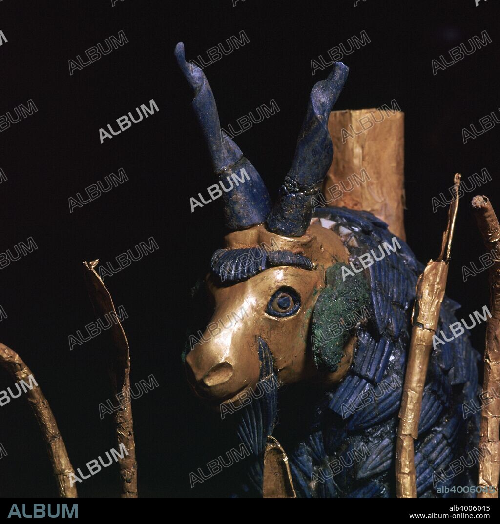 Detail of the 'Ram in a Thicket', from Ur, southern Iraq, c2600-c2400 BC. One of an almost identical pair discovered by Leonard Woolley in the 'Great Death Pit', one of the Royal Graves in the cemetery at Ur.  It was named by Woolley after the biblical reference in Genesis 22:13; God ordered Abraham to sacrifice his son Isaac, but at the last moment 'Abraham lifted up his eyes, and looked, and behold behind him a ram caught in a thicket by his horns: and Abraham went and took the ram, and offered him up for a burnt offering in the stead of his son'. The 'ram' is more accurately described as a goat. From the British Museum's collection.
