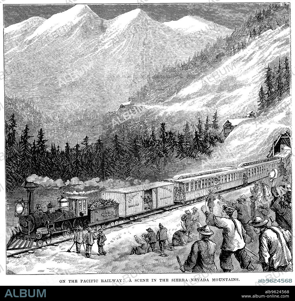 Central Pacific Railraod in the Sierra Nevada mountains. Train cheered by railroad workers, including Chinese labourers. Wood engraving c1875.