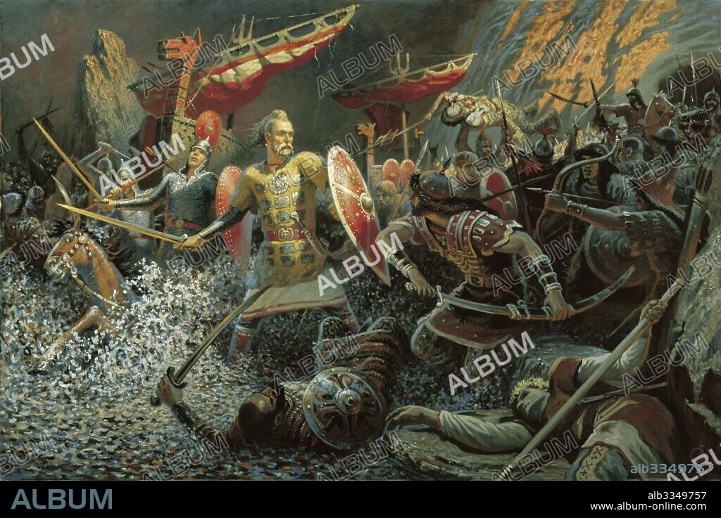 BORIS MIKHAYLOVICH OLSHANSKY. The Kiev Rus' prince Svyatoslav I at the Battle near Khortytsia Island in 972.