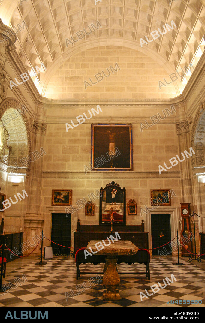Almería, Andalusia, Spain, Europe.. Catedral de Santa María de la Encarnación (Cathedral of Saint Mary of the Incarnation). J XVI century - Spanish Renaissance. The main sacristy (Sacristía Mayor) constitutes the most characteristic space of the Cathedral of Almería, constituting a point of reference for Renaissance art in southern Spain. Juan de Orea, in the sixteenth century, conceived the Sacristy of Almeria as that place of preparation of the ministers of worship for religious celebrations.
