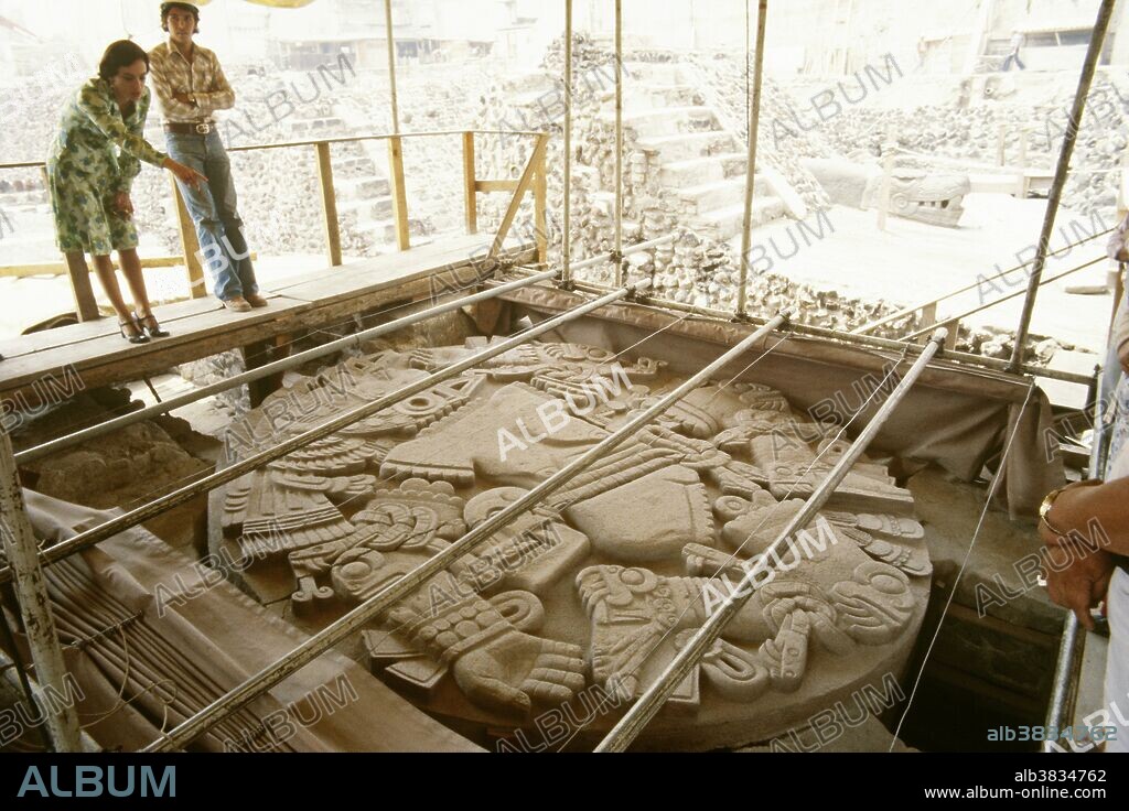 Excavation of the Coyolxauhqui Stone at Templo Mayor, Mexico City, 1978. The Templo Mayor was an important Aztec temple. It was dedicated to two gods, Huitzilopochtli, god of war, and Tlaloc, god of rain and agriculture.