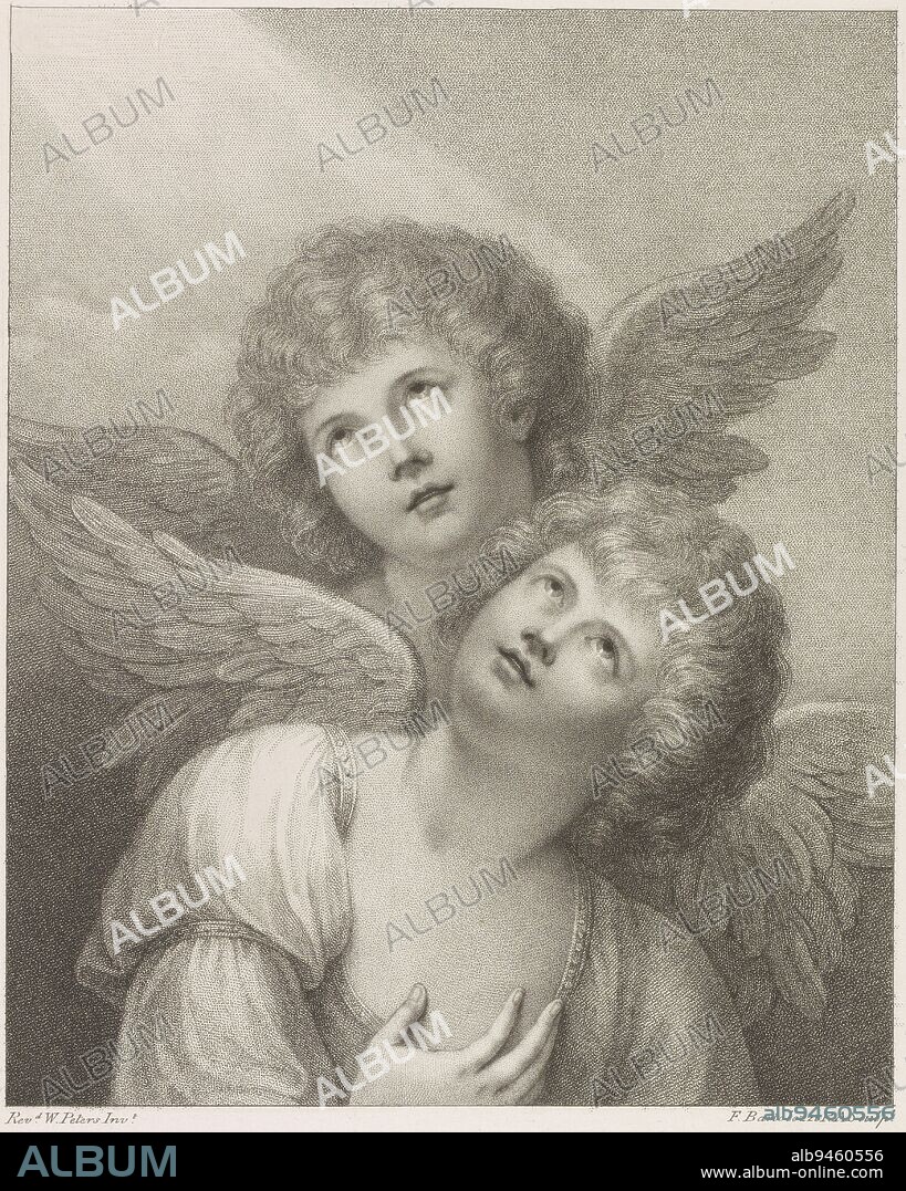 Angels, Francesco Bartolozzi, after Matthew William Peters, 1790, Two angels looking up. In lower margin title and verse in English in two columns., print maker: Francesco Bartolozzi, (mentioned on object), Matthew William Peters, (mentioned on object), publisher: Anthony Molteno, (mentioned on object), London, 15-Feb-1790, paper, etching, h 380 mm × w 328 mm.