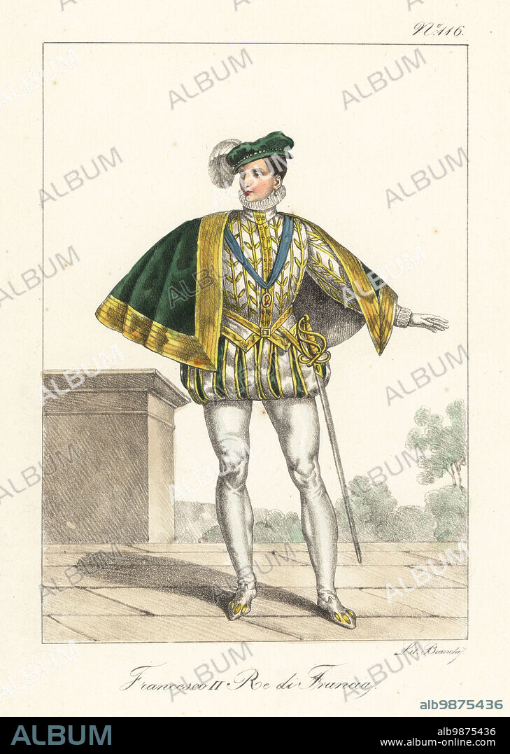 Francis II, King of France from 1559 to 1560. King consort of Scotland by marriage to Mary, Queen of Scots. In plumed cap, short cape, embroidered doublet, slashed breeches, hose, court sword. After a portrait in Roger de Gaignieres gallery portfolio IX 1. Francois II, Roi de France. Handcoloured lithograph by Lorenzo Bianchi after Hippolyte Lecomte from Costumi civili e militari della monarchia francese dal 1200 al 1820, Naples, 1825. Italian edition of Lecomtes Civilian and military costumes of the French monarchy from 1200 to 1820.