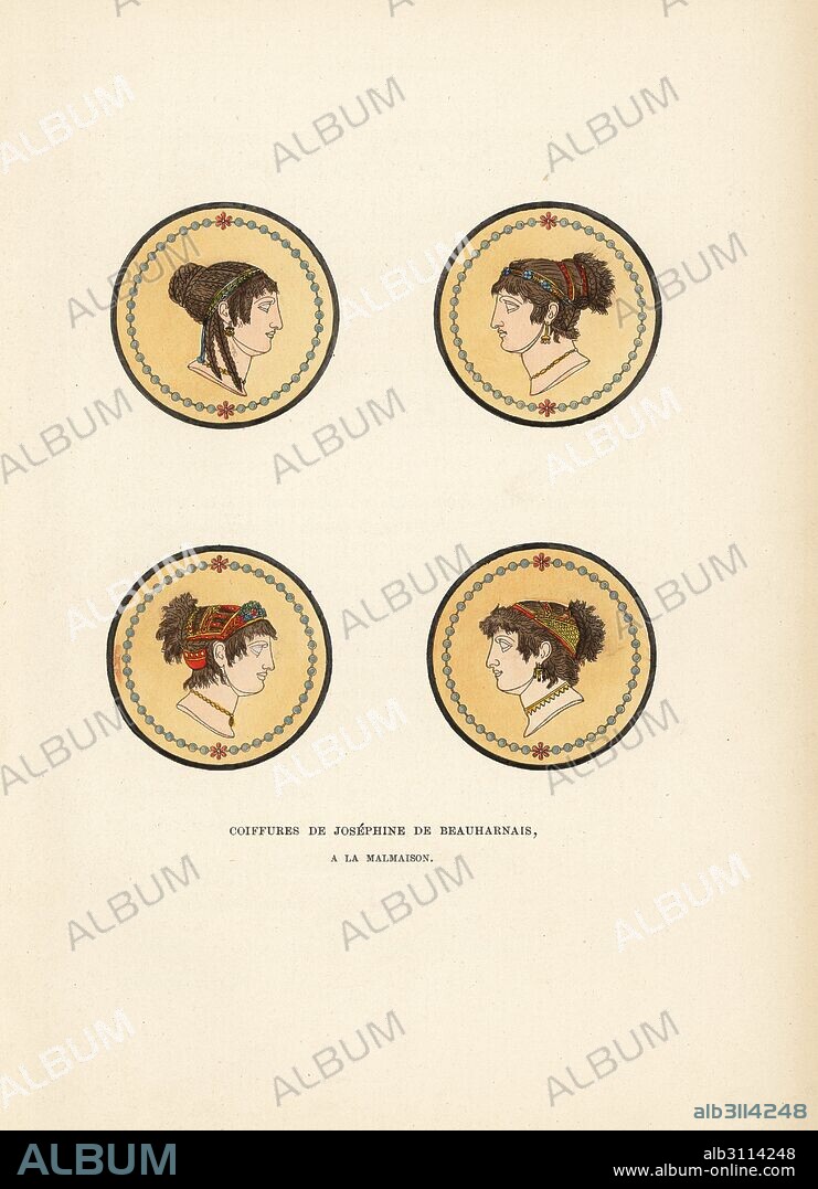 Hairstyles of Josephine de Beauharnais, 1788, later wife to Napoleon, from murals in the bathrooms at Malmaison in the Roman style. Handcoloured lithograph from Fashions and Customs of Marie Antoinette and her Times, by Le Comte de Reiset, Paris, 1885. The journal of Madame Eloffe, dressmaker and linen-merchant to the Queen and ladies of the court.