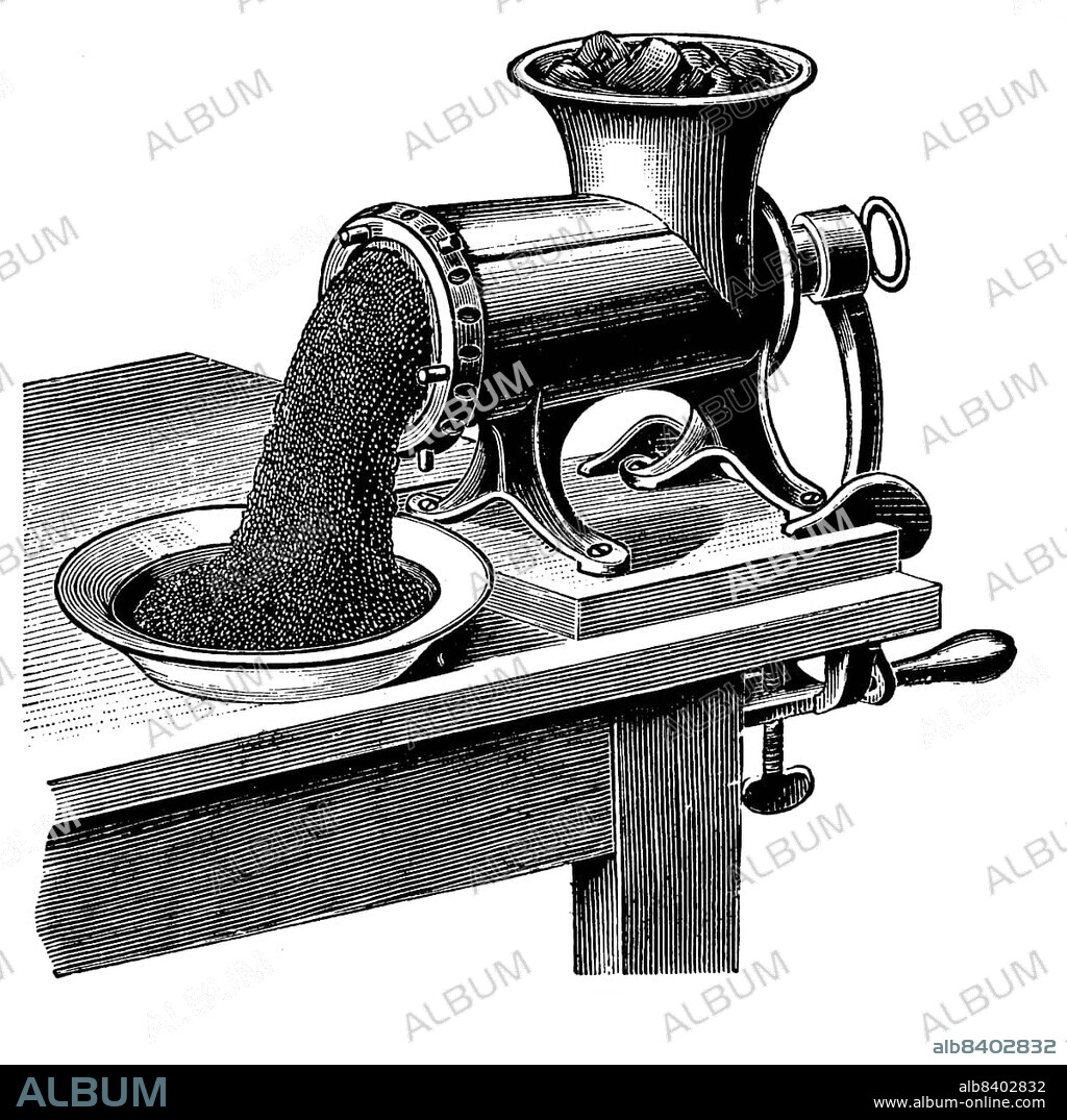 Historic kitchen utensils, meat slicer, meat grinder, 1887, Germany, Historic, digitally restored reproduction of an original 19th century model, exact original date unknown