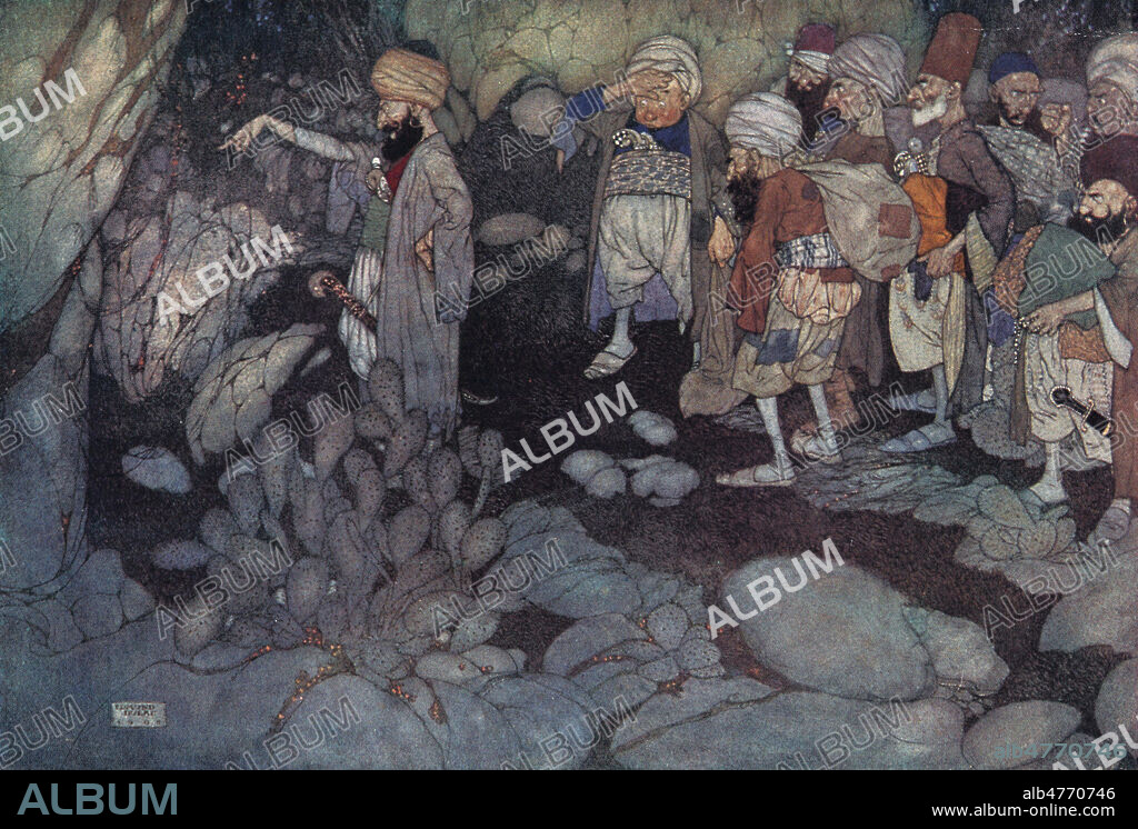 ALI BABA et les 40 Voleurs : les 40 voleurs arrivent a leur grotte " Sesame ouvre toi " ALIBABA. Illustration par Edmond DULAC (1882-1953=ADAGP) , 1907. Collection KHARBINE TAPABOR.
