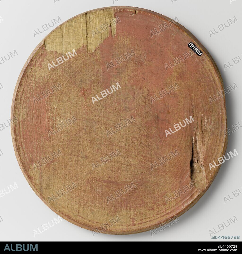 Trencher, Plate or Trencher, round and shallow with a narrow raised edge. The plate was originally painted red probably? (weapon with French lily) and has turning tracks in the plane of which the center is finished on both sides with a chisel. The plate was used to cut solid food, in particular meat. Cutting marks are visible on the user side., anonymous, c. 1590 - c. 1596, wood (plant material), paint (coating), painting, d 21 cm × h 1.1 cm.