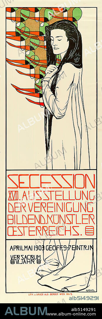 Ver Sacrum, Max Kurzweil, Lithographic Institute Albert Berger, Secession. XVIIth exhibition of the association bildend. Artists of Austria. 1903, lithograph, total: height: 92,50 cm; width: 31,00 cm, signed: u. r. im Druck: KURZWEIL, exhibition posters, woman, standing figure, ornaments, art nouveau.