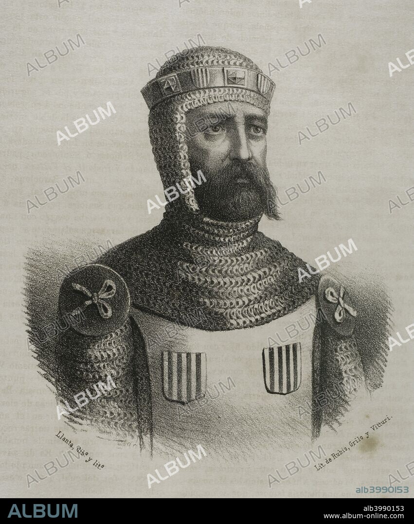 Wifredo el Velloso (Guifré el Pilós) (840-897). Conde de Urgel y de Cerdaña, de Barcelona, Gerona y Osona. Fué el último conde de Barcelona designado por la monarquía franca y el primero que legó sus estados a sus hijos, originándose la casa condal de Barcelona. Dibujo por Llanta. Litografía. Crónica General de España, Historia Ilustrada y Descriptiva de sus Provincias. Cataluña, 1866. Biblioteca Histórico Militar de Barcelona. Cataluña, España.