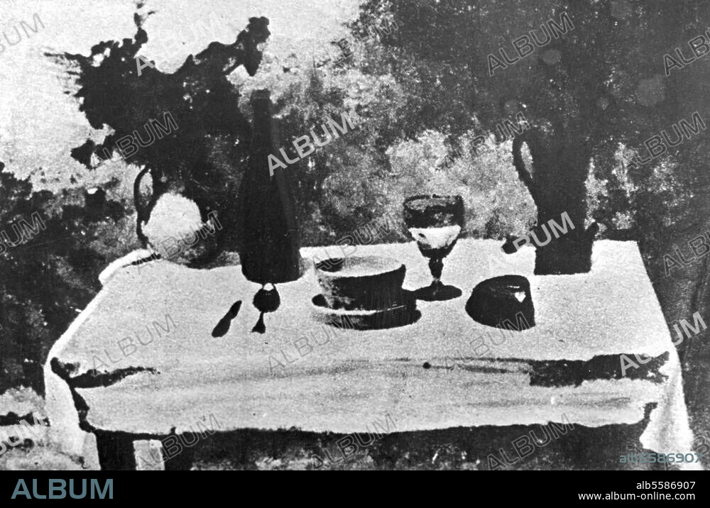 Niepce, Joseph Nicephore. 1765-1833. "Still life with bottles and glasses", 1822. Heliography (transfer of pictures on the lithography stone surface with the aid of a light-sensitve layer of asphalt).