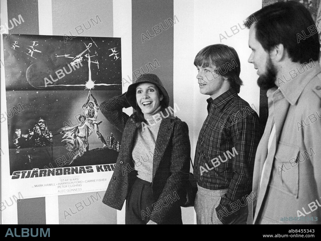 STOCKHOLM 19771011 file . Actor Carrie Fischer , Mark Hamill and producer Gary Kurtz during a press conference in Stockholm, Sweden 1977 before the premiere of the Star Wars movie in Sweden. Foto: Ingvar Karmhed / SvD / TT / Kod: 11014.