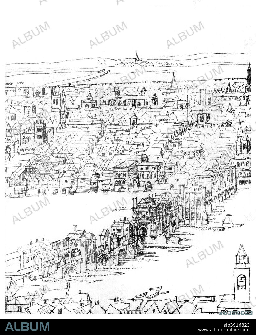 View of London, 16th century (1886). Showing the old London Bridge with buildings upon it. A print from Guildhall of the City of London: Its History and Associations, Corporation of the City of London, 1886.