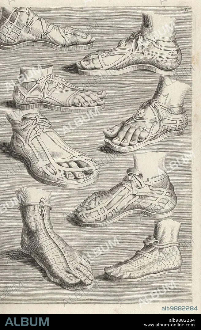 Roman leather footwear sandals or solea boots or calceus etc. Military boots or caligae at bottom. From sculptures in the Galleria Giustiniana. Copperplate engraving af Album alb9882284
