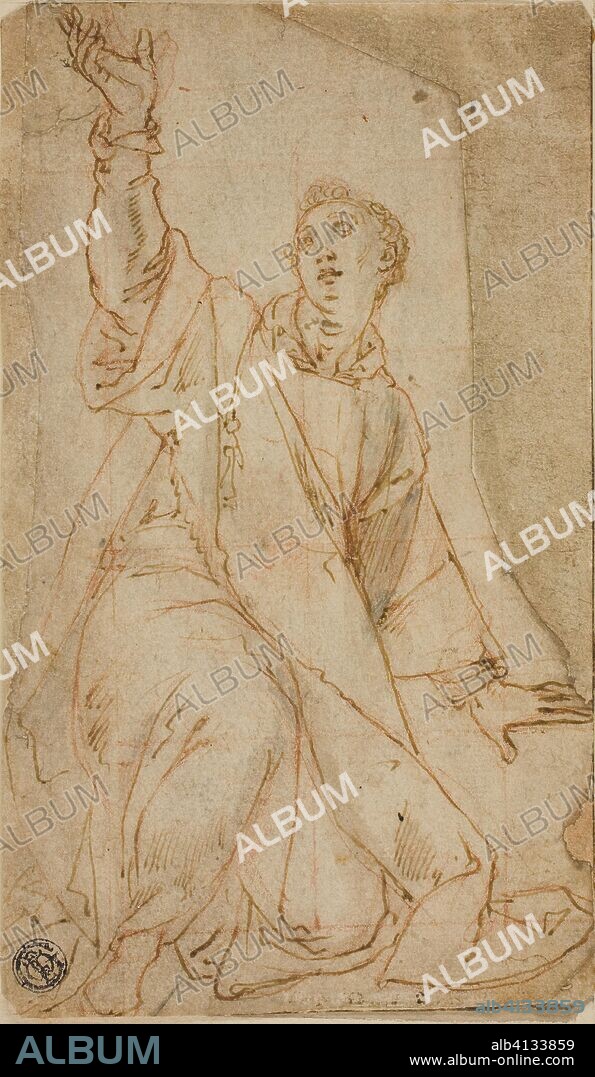 LORENZO SABBATINI. Kneeling Saint Stephen with Upraised Right Arm. Attributed to Sabatini, called Lorenzino da Bologna; Italian, c. 1530-1576. Date: 1550-1576. Dimensions: 195 x 114 mm (max.). Pen and brown ink over black and red chalk, on tan laid paper, squared in red chalk, pieced and laid down on cream laid paper, tipped onto ivory wove paper. Origin: Italy.